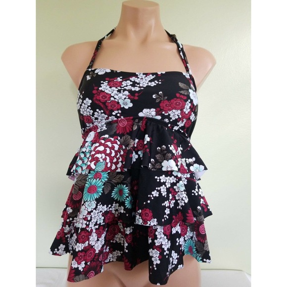 Island Escape triple tier black floral Tankini top size 6